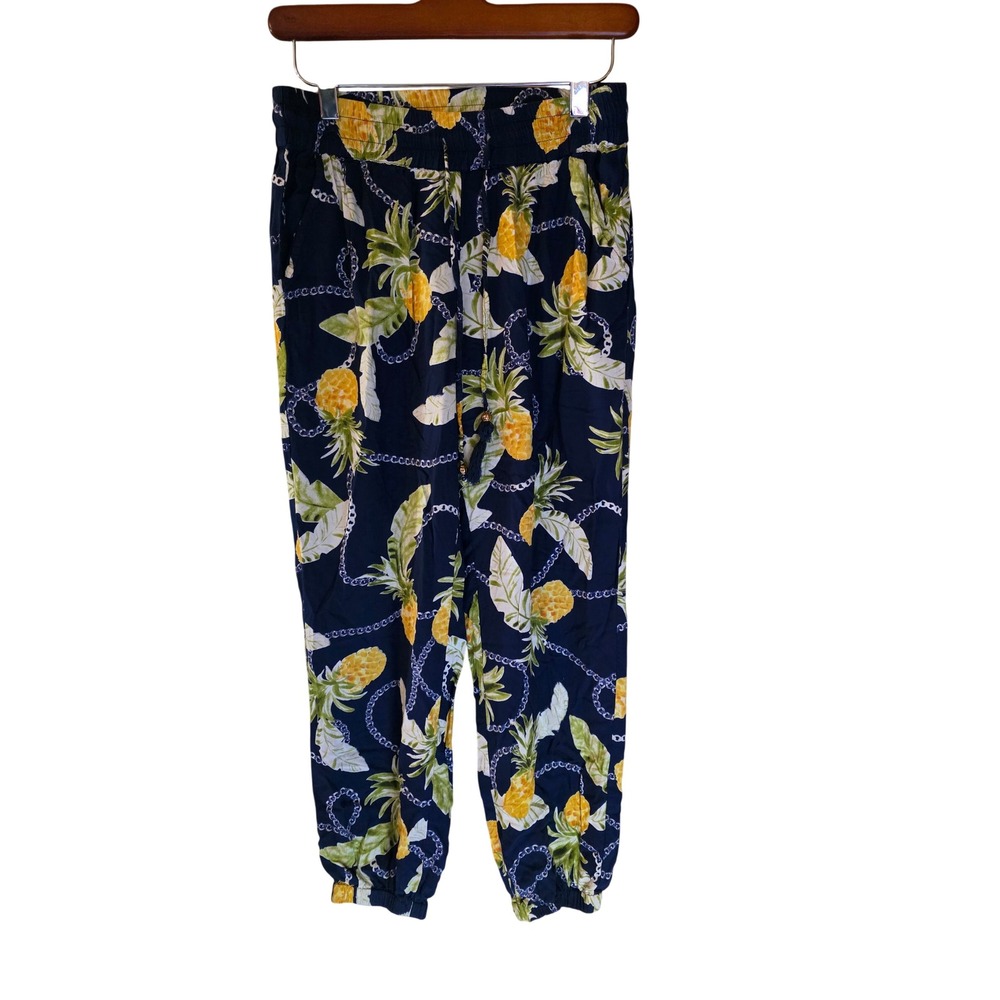 Blue Island Navy‎ Pineapple Tropical Jogger Pants XS Beach Vacation Rayon Light